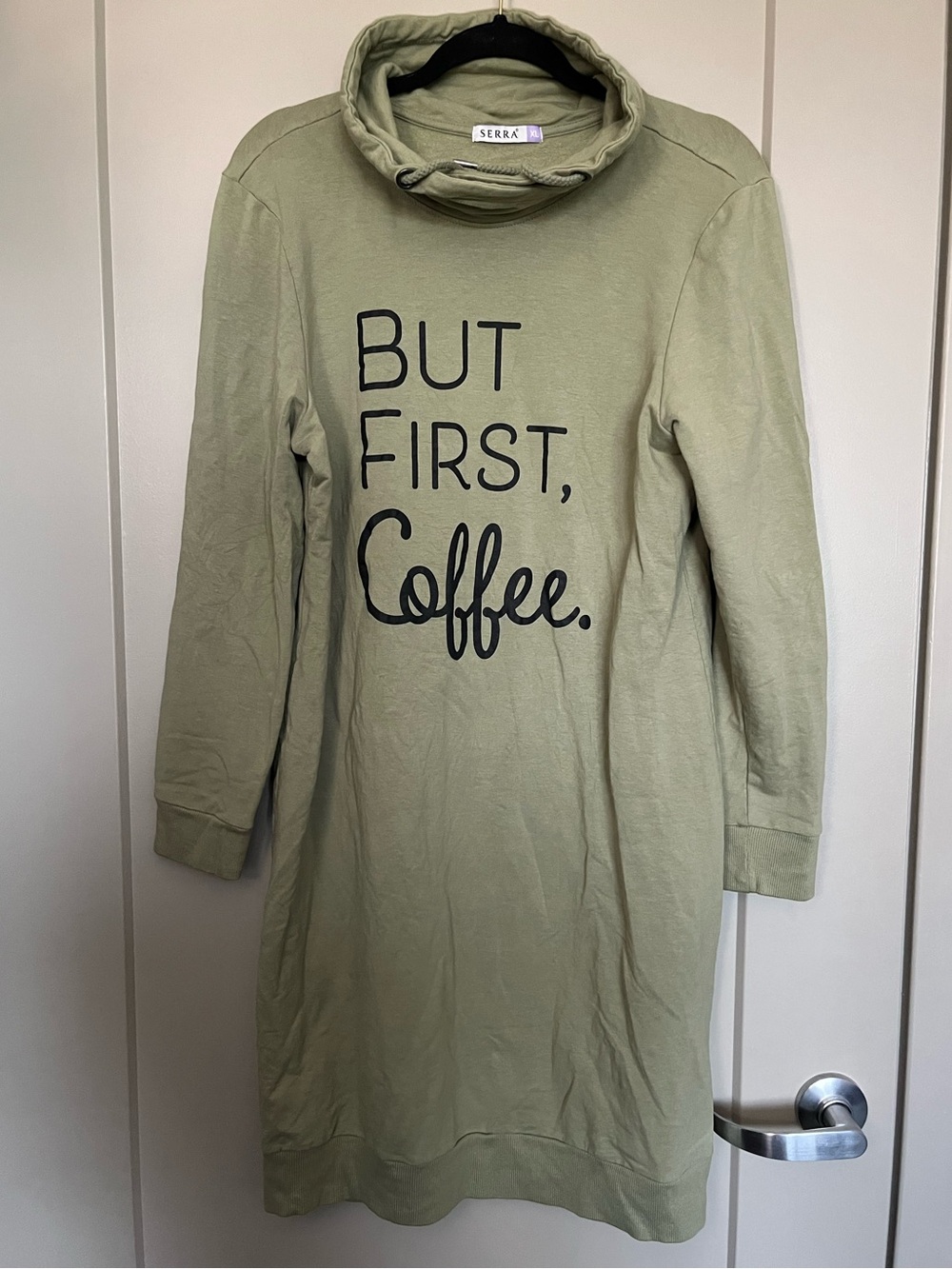 'But First, Coffee'  Green Long-Sleeve Cowl Neck Dress